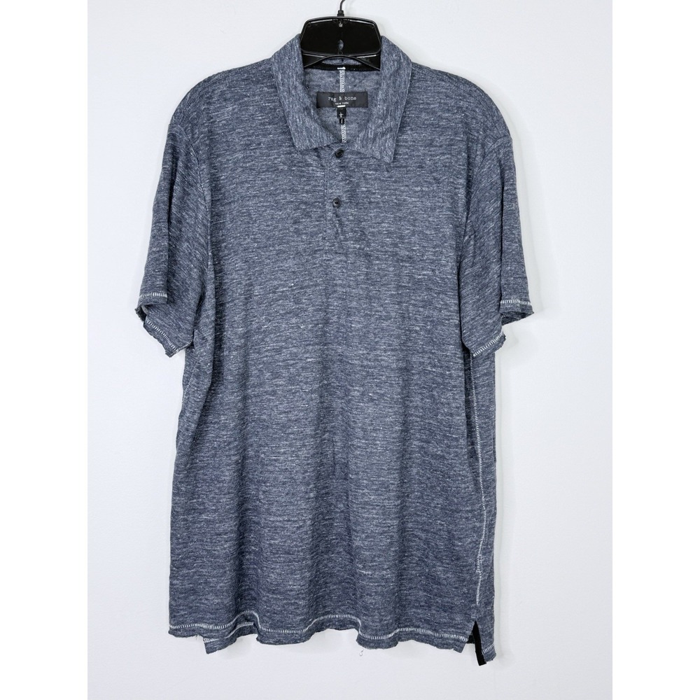 Rag & Bone New York Mens L Heathered Navy Blue Linen Polo Shirt Short Sleeve